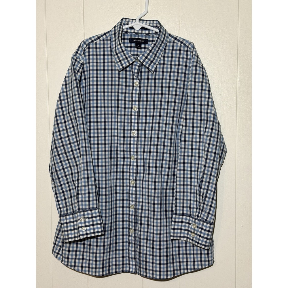 Lands End Boys Blue Plaid Long Sleeve Button Up Size 10